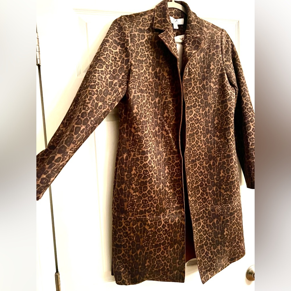 NEW Magaschoni Faux Suede Brown Leopard Duster Coat. Sz XS.MSRP $88.00.